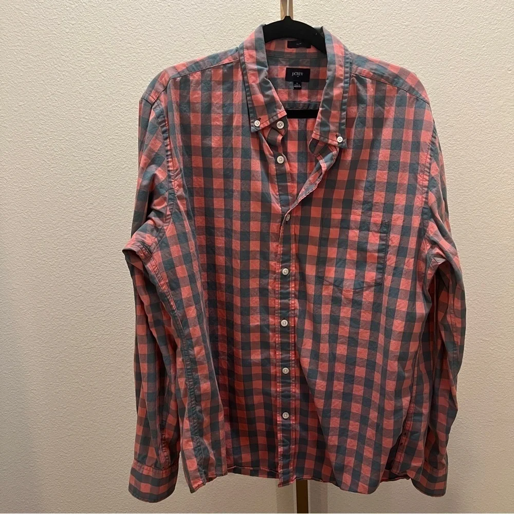 J. Crew Salmon & Blue Plaid Shirt Button Down Slim XL - Picture 1 of 5